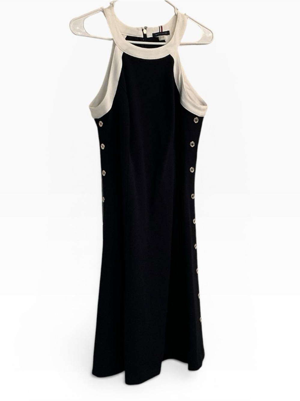 Tommy Hilfiger Black and White Sleeveless Button-Trim Midi Dress